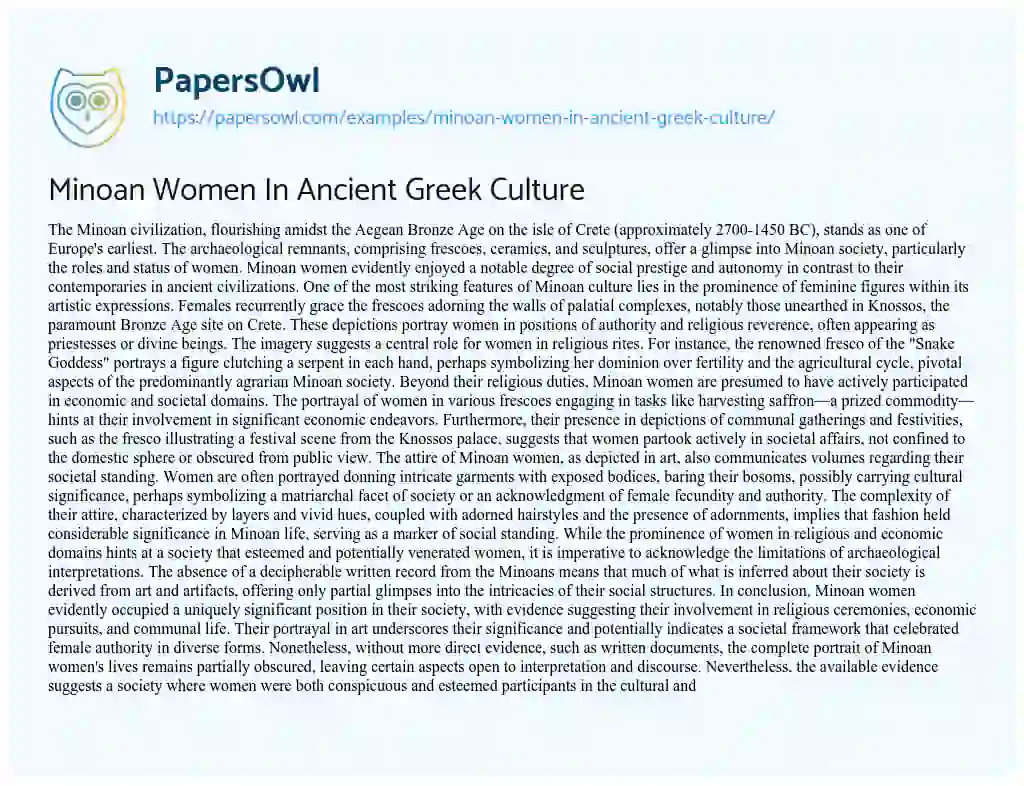 Essay on Minoan Women in Ancient Greek Culture