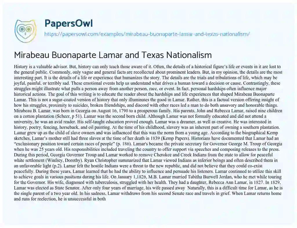 Mirabeau Buonaparte Lamar and Texas Nationalism essay