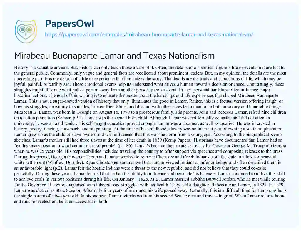 Essay on Mirabeau Buonaparte Lamar and Texas Nationalism