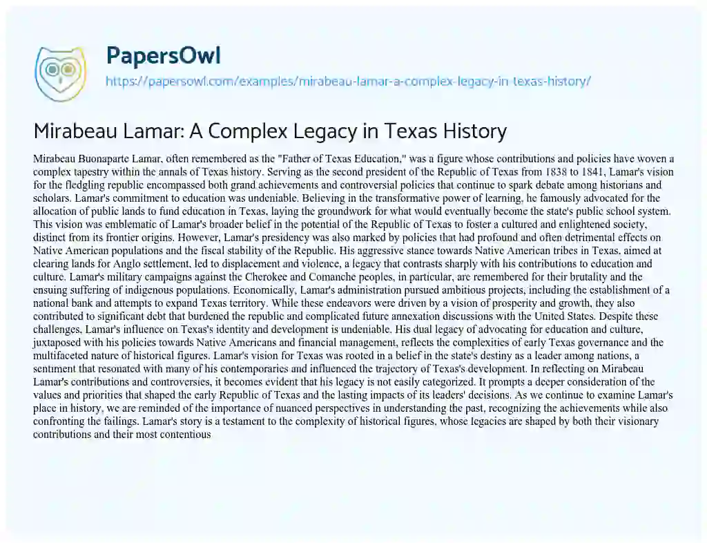 Essay on Mirabeau Lamar: a Complex Legacy in Texas History