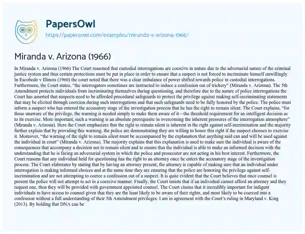 Miranda V. Arizona (1966) essay