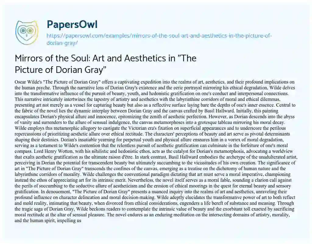 Essay on Mirrors of the Soul: Art and Aesthetics in “The Picture of Dorian Gray”