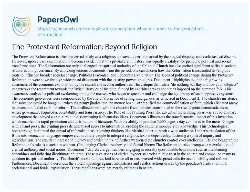 Essay on Misconception when it Comes to the Protestant Reformation