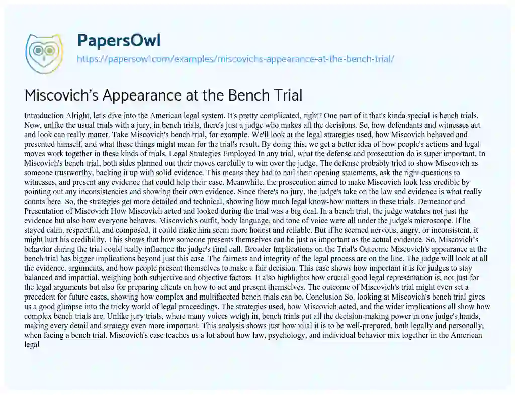 Essay on Miscovich’s Appearance at the Bench Trial