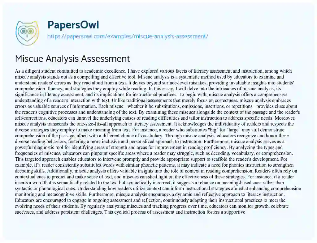 Essay on Miscue Analysis Assessment