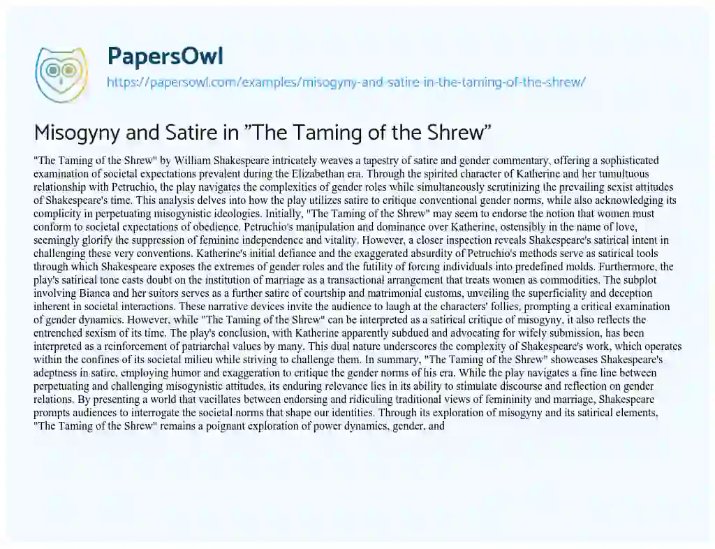 Essay on Misogyny and Satire in “The Taming of the Shrew”