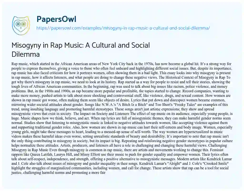 Essay on Misogyny in Rap Music: a Cultural and Social Dilemma