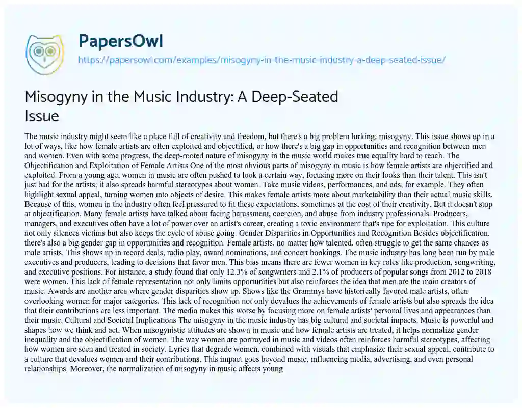 Essay on Misogyny in the Music Industry: a Deep-Seated Issue