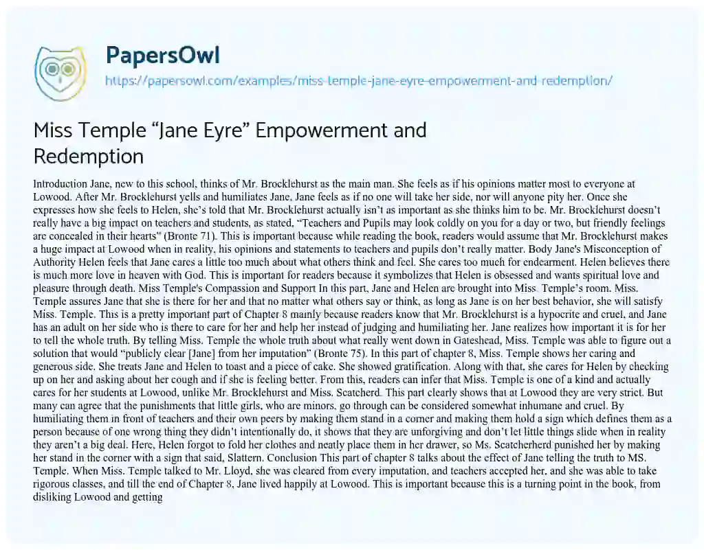 Essay on Miss Temple “Jane Eyre” Empowerment and Redemption