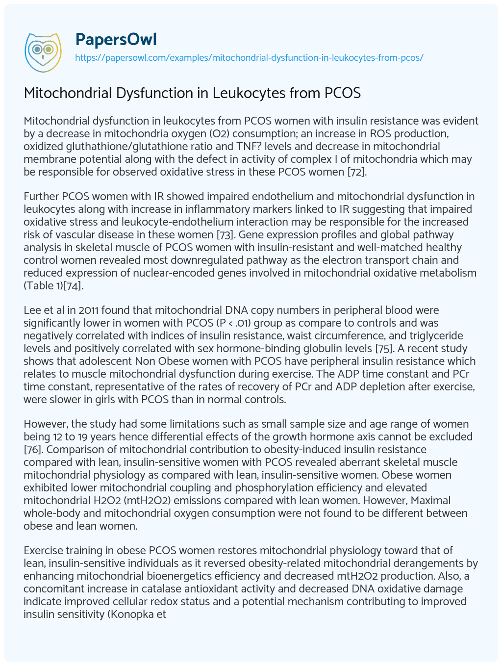 Essay on Mitochondrial Dysfunction in Leukocytes from PCOS