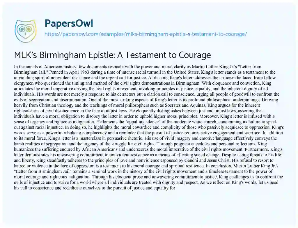 Essay on MLK’s Birmingham Epistle: a Testament to Courage