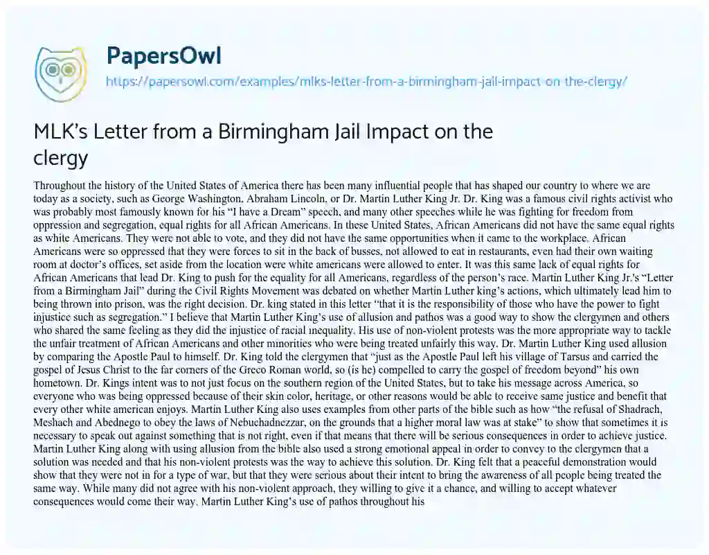 Essay on MLK’s Letter from a Birmingham Jail Impact on the Clergy