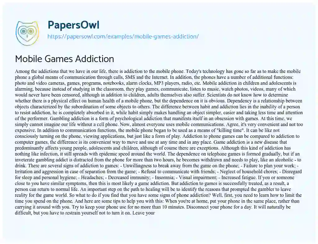 Essay on Mobile Games Addiction