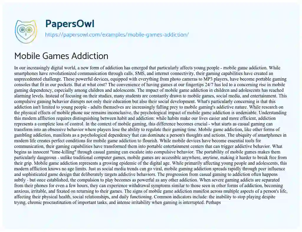 Video Game Addiction Free Essay Example