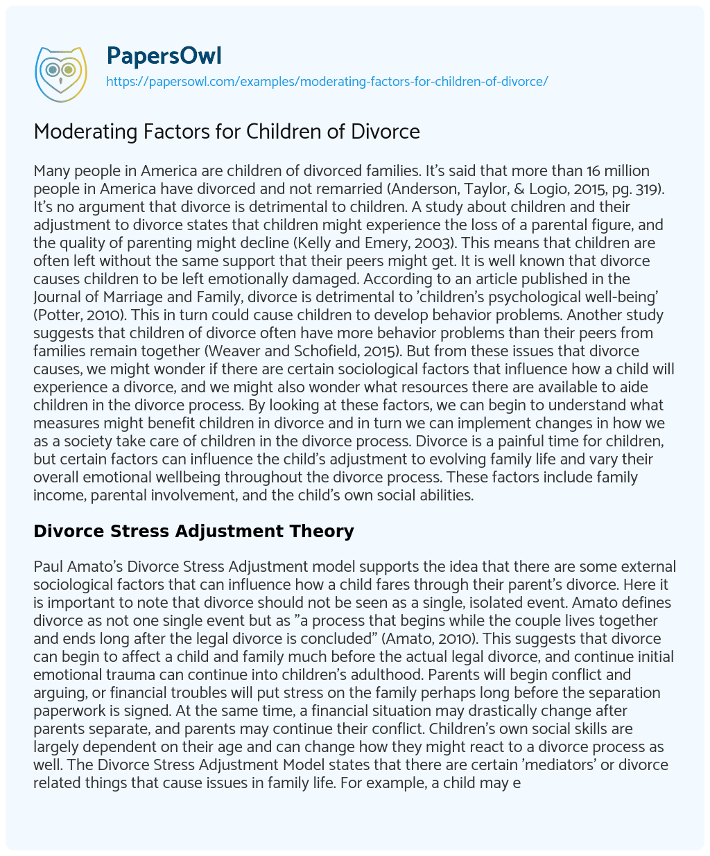 Essay on Moderating Factors for Children of Divorce