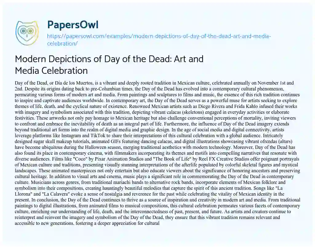 Essay on Modern Depictions of Day of the Dead: Art and Media Celebration