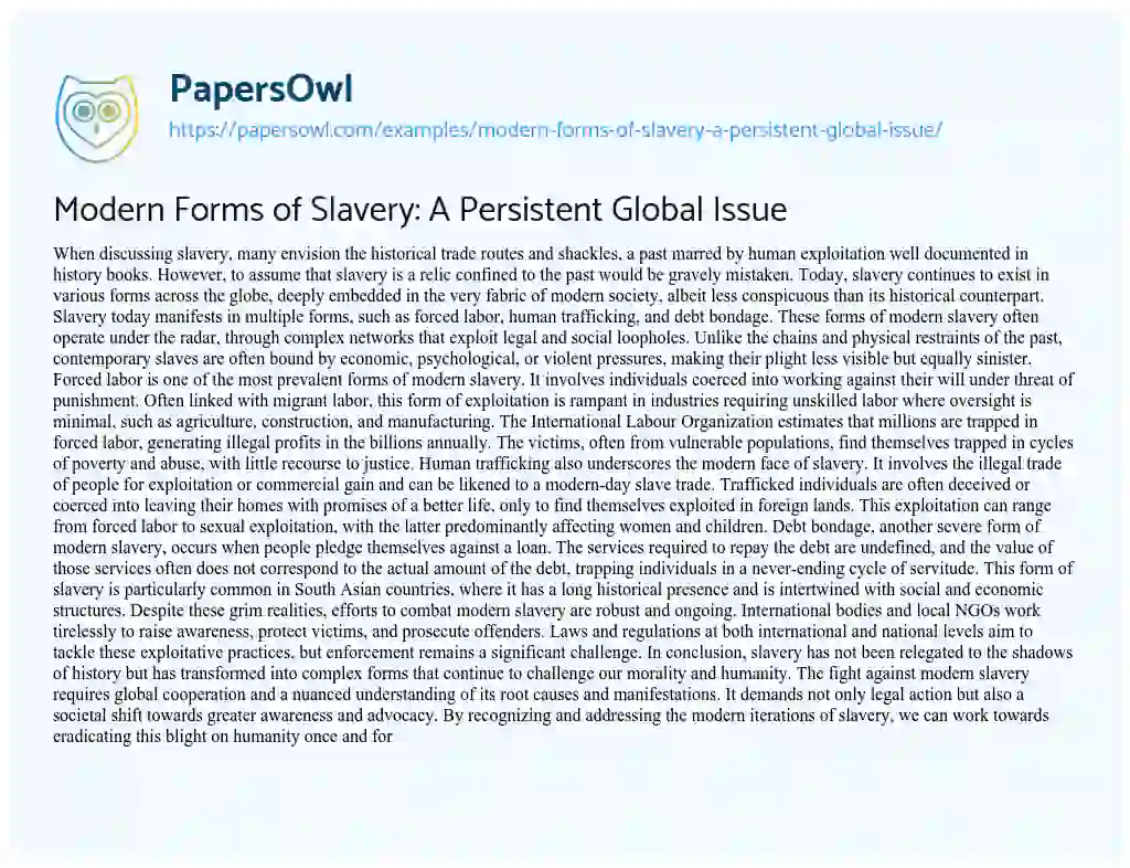 Essay on Modern Forms of Slavery: a Persistent Global Issue