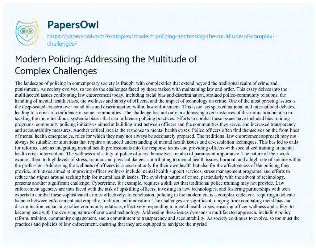 Essay on Modern Policing: Addressing the Multitude of Complex Challenges