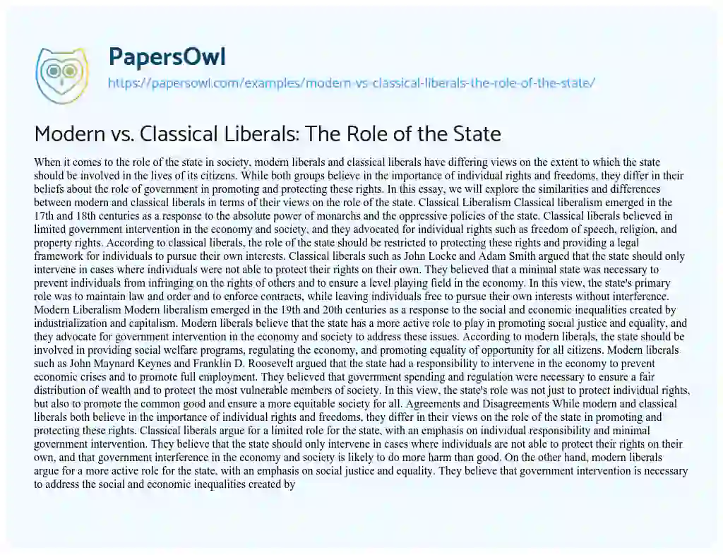 Essay on Modern vs. Classical Liberals: The Role of the State