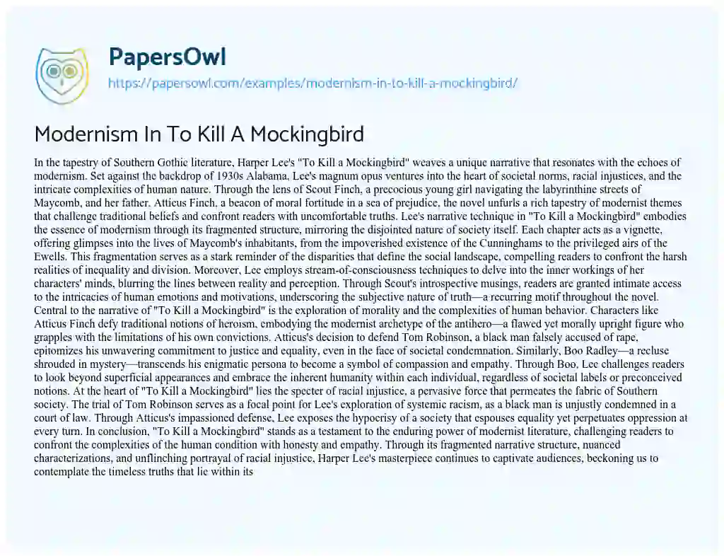 Essay on Modernism in to Kill a Mockingbird