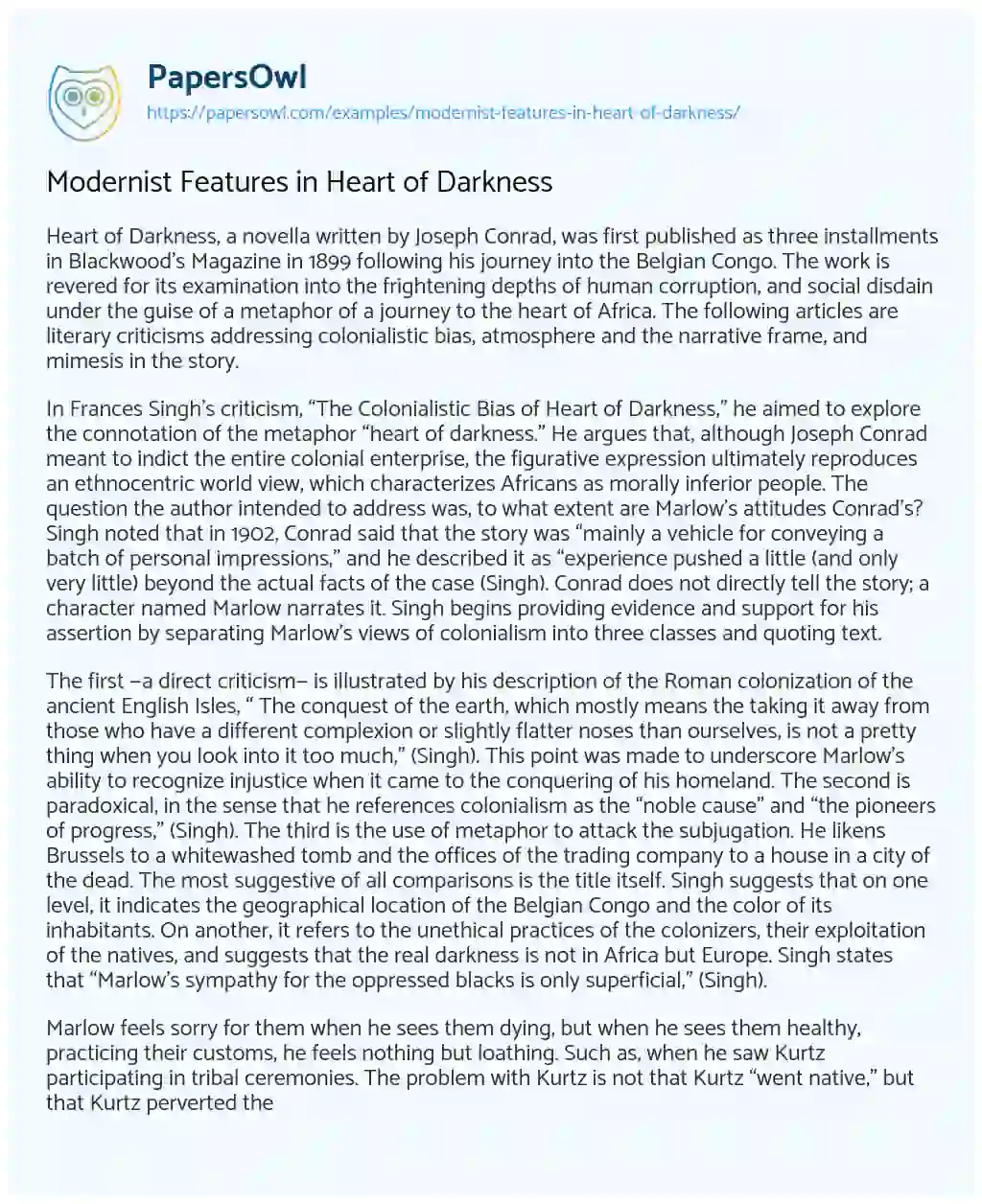 Essay on Modernist Features in Heart of Darkness