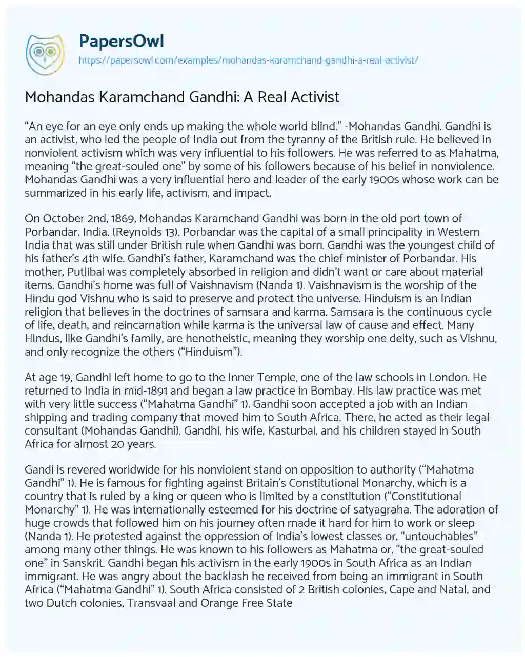 Mohandas Karamchand Gandhi: a Real Activist essay