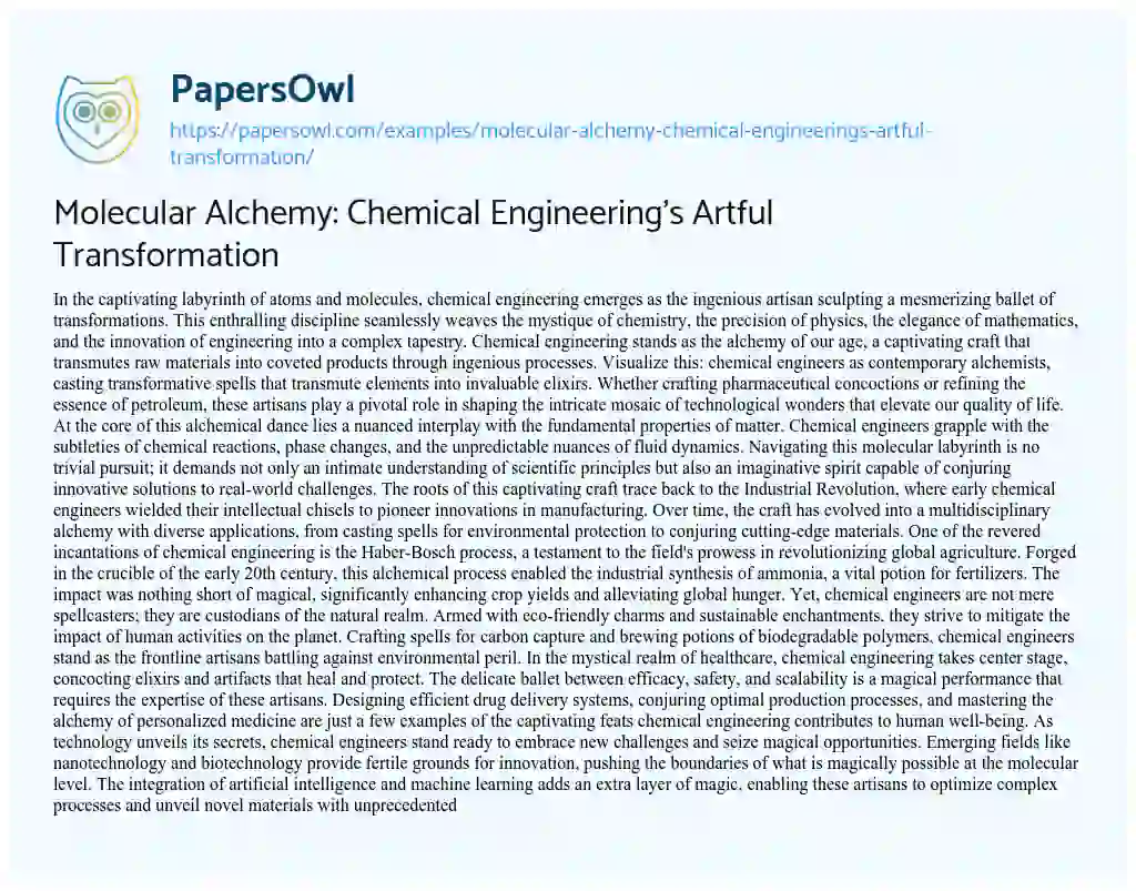 Essay on Molecular Alchemy: Chemical Engineering’s Artful Transformation