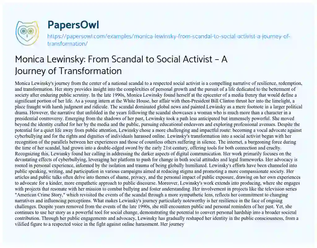 Essay on Monica Lewinsky: from Scandal to Social Activist – a Journey of Transformation