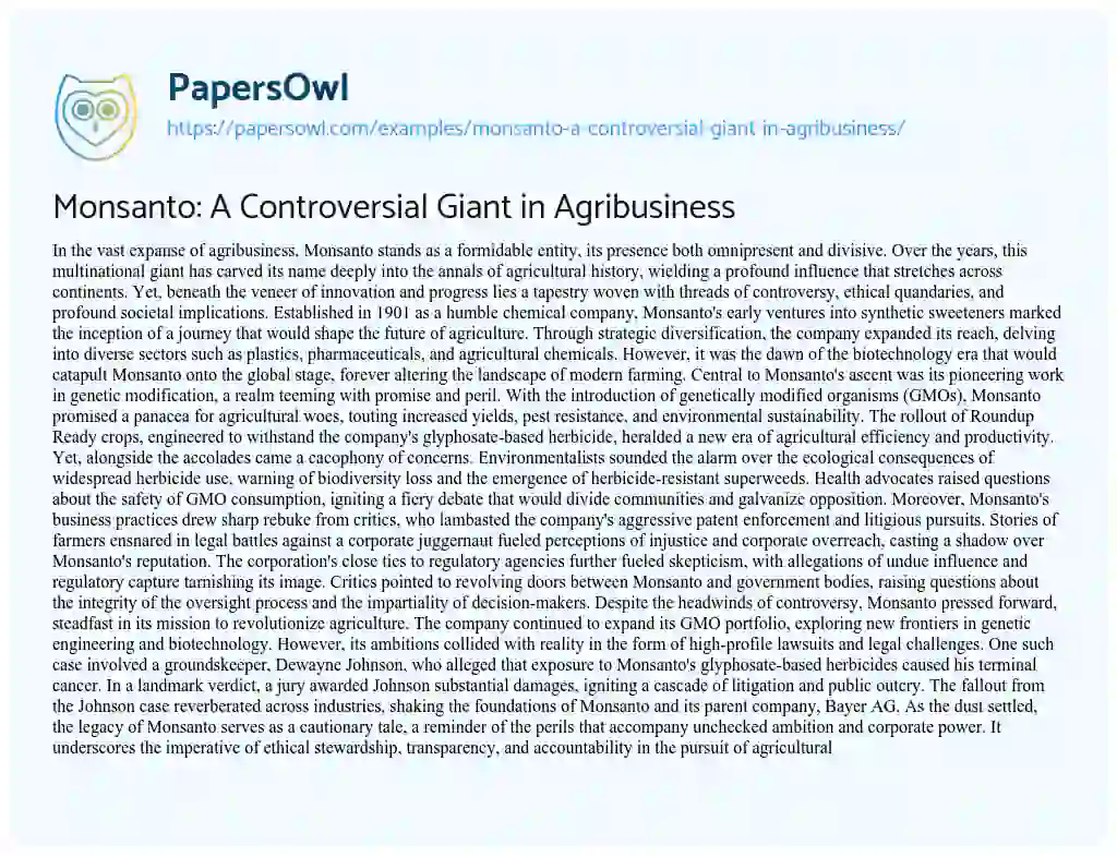 Essay on Monsanto: a Controversial Giant in Agribusiness