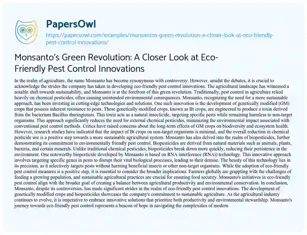 Essay on Monsanto’s Green Revolution: a Closer Look at Eco-Friendly Pest Control Innovations
