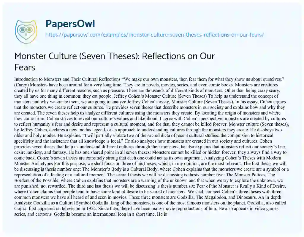 Essay on Monster Culture (Seven Theses): Reflections on our Fears