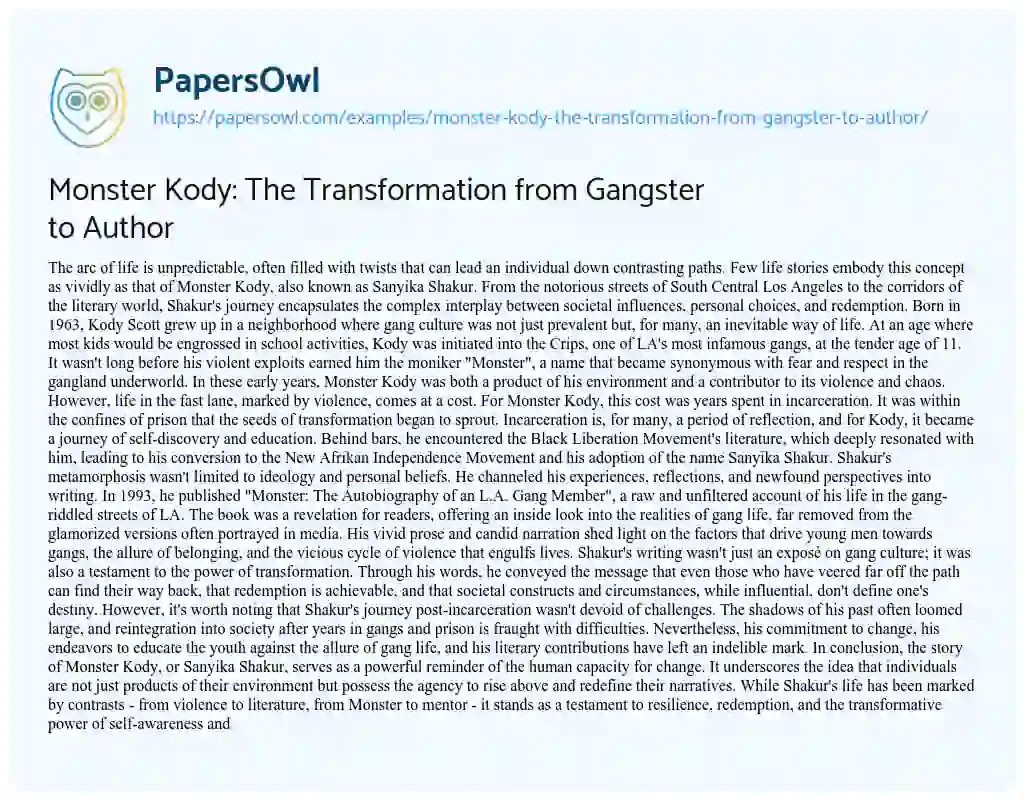 Essay on Monster Kody: the Transformation from Gangster to Author