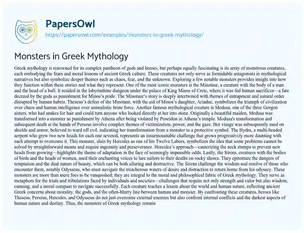 Essay on Monsters in Greek Mythology