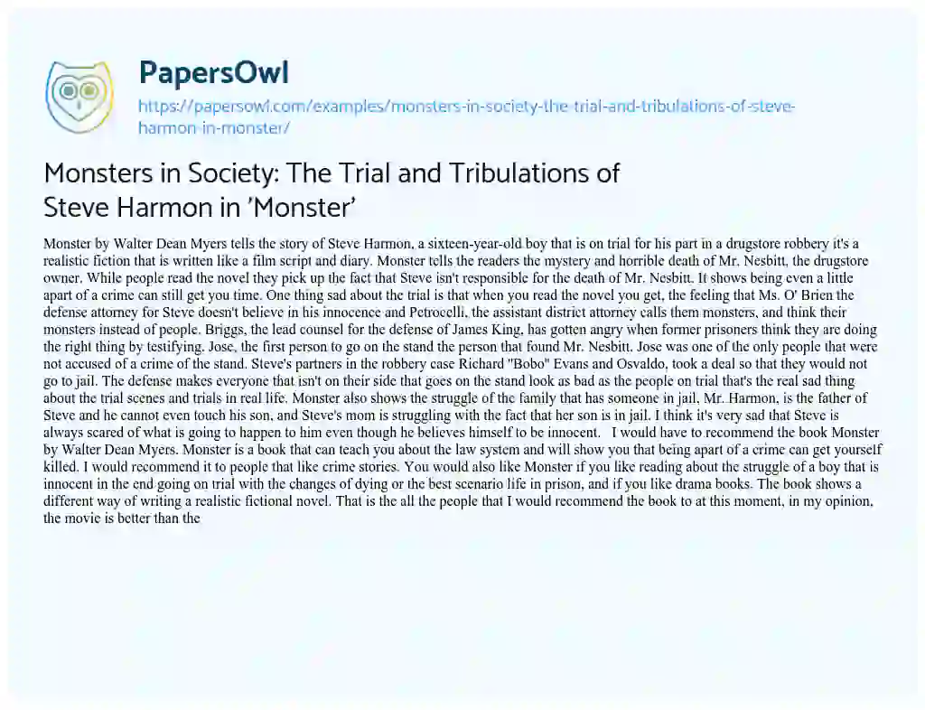 Essay on Monsters in Society: the Trial and Tribulations of Steve Harmon in ‘Monster’