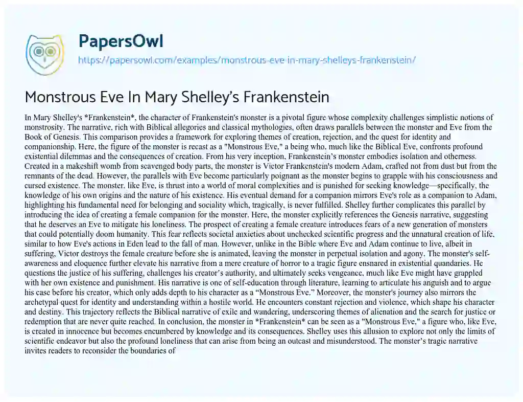 Essay on Monstrous Eve in Mary Shelley’s Frankenstein