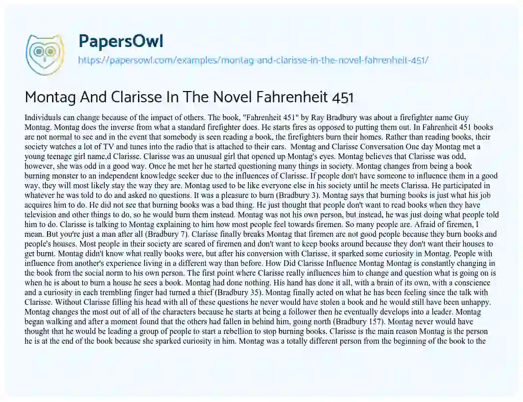 Essay on Montag and Clarisse in the Novel Fahrenheit 451