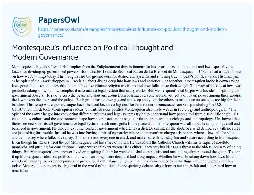 Essay on Montesquieu’s Influence on Political Thought and Modern Governance