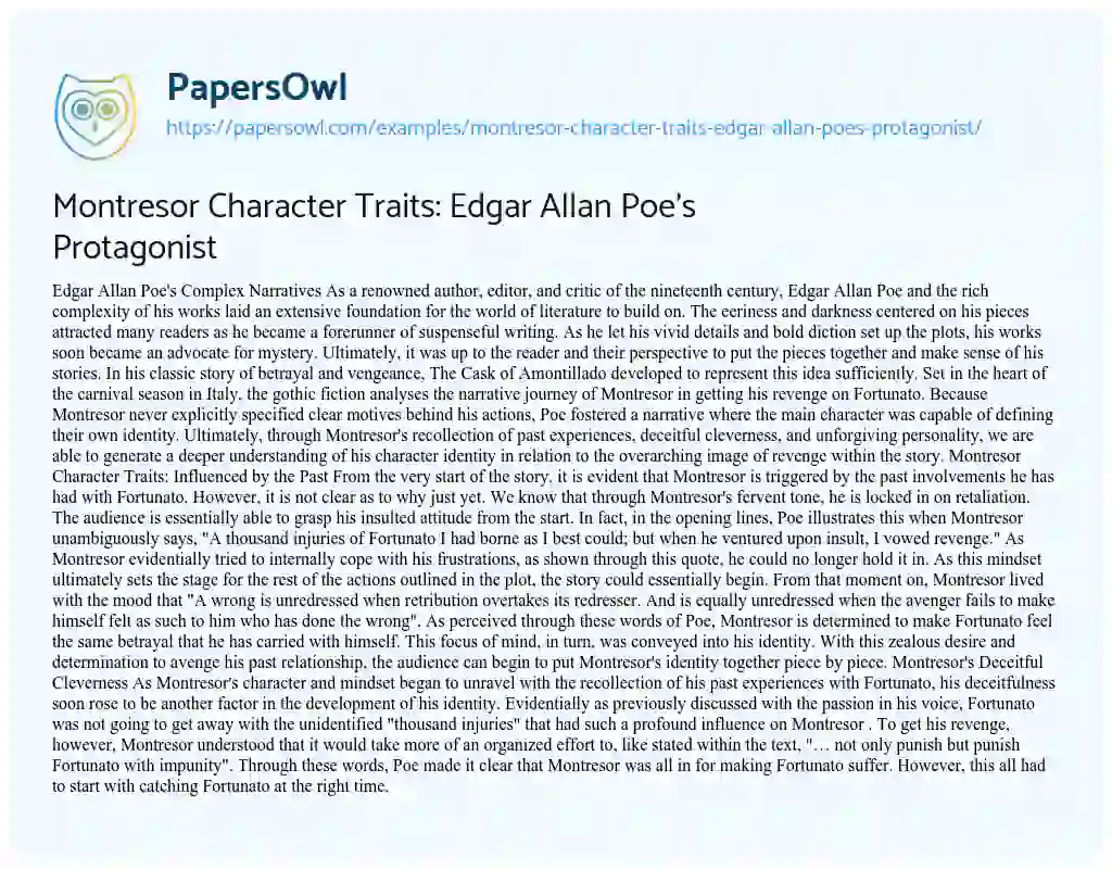 Essay on Montresor Character Traits: Edgar Allan Poe’s Protagonist