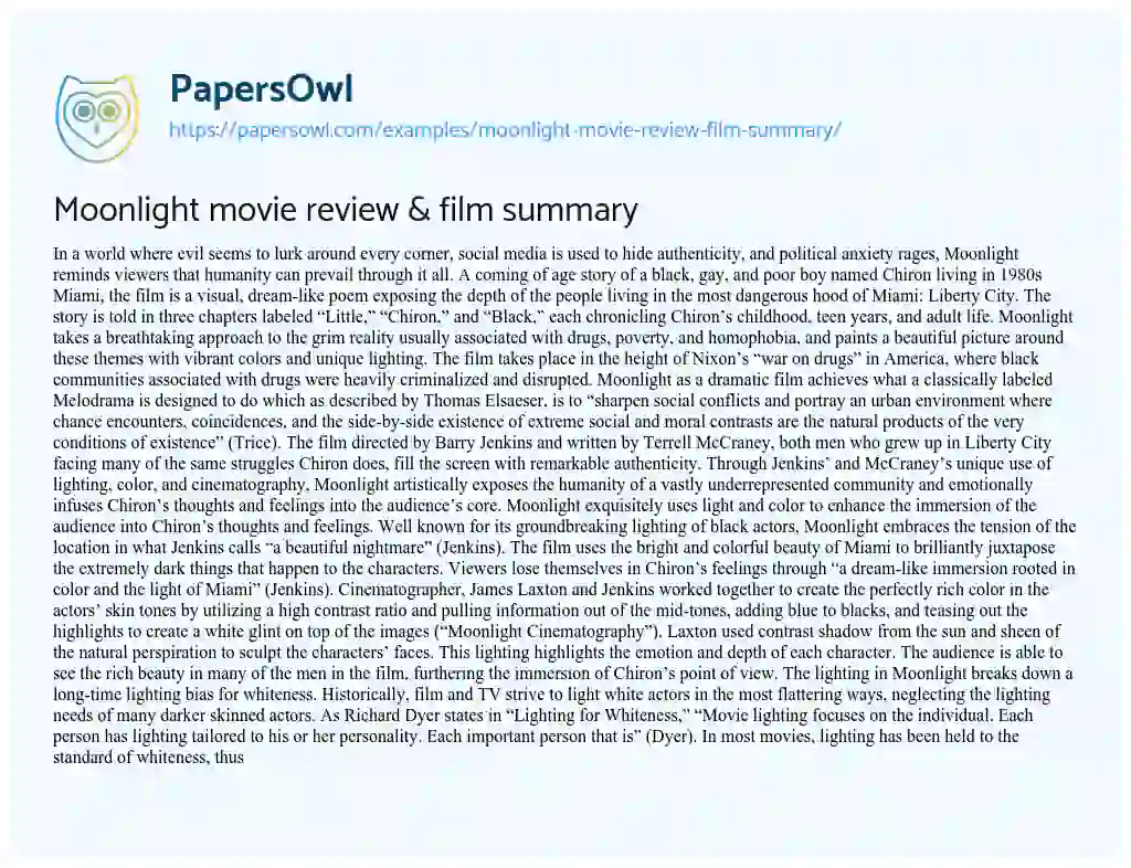 Essay on Moonlight Movie Review & Film Summary