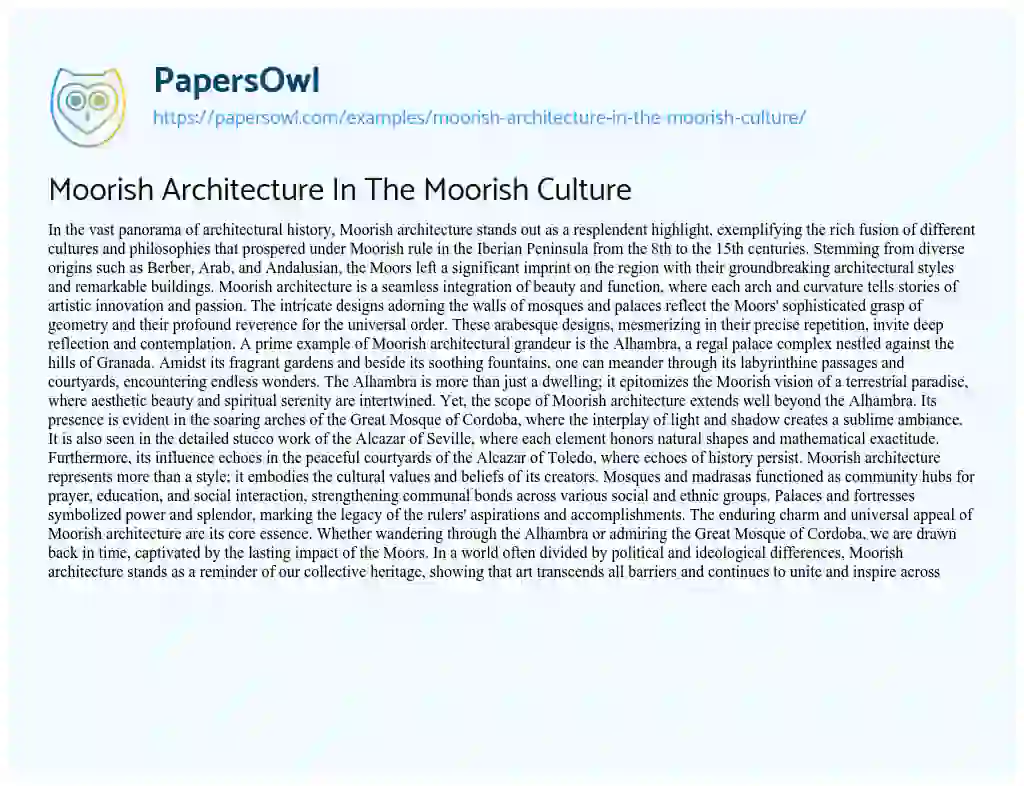 Essay on Moorish Architecture in the Moorish Culture