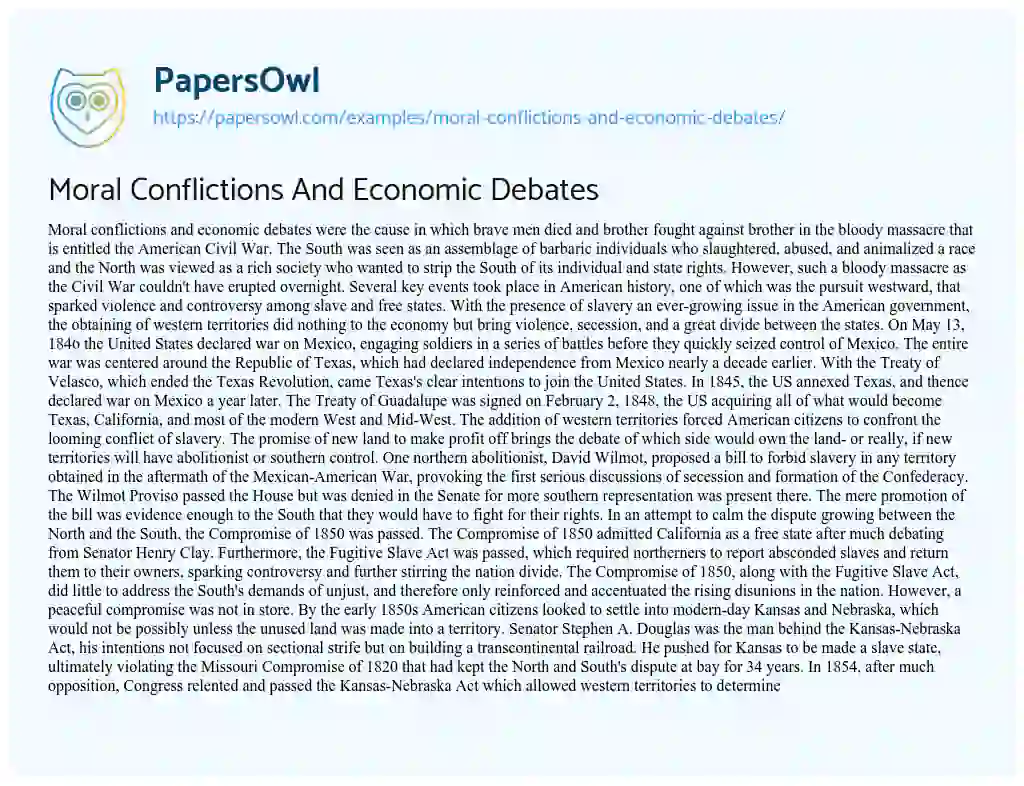 Essay on Moral Conflictions and Economic Debates