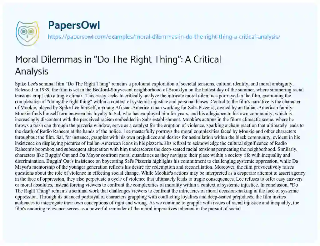 Essay on Moral Dilemmas in “Do the Right Thing”: a Critical Analysis