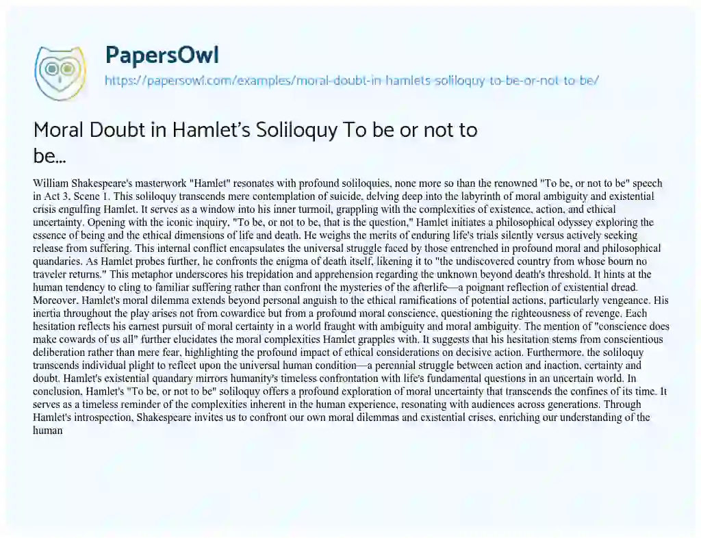 Essay on Moral Doubt in Hamlet’s Soliloquy to be or not to Be…