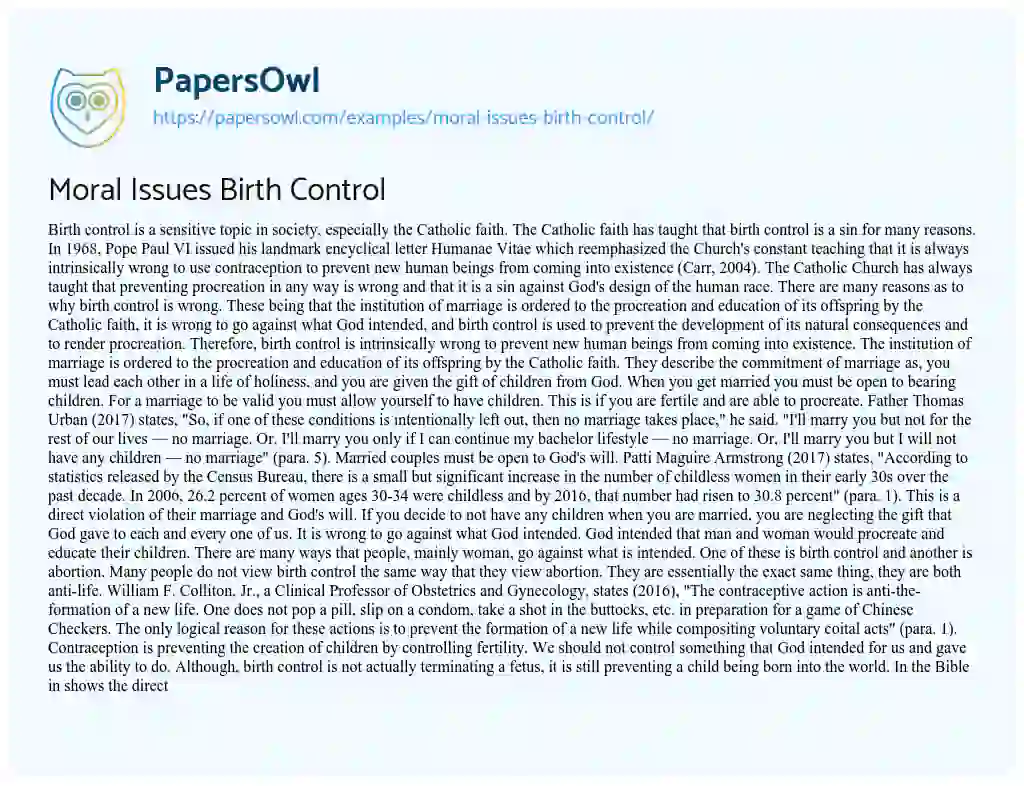 Essay on Moral Issues Birth Control