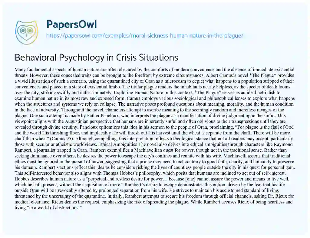 Essay on Moral Sickness Human Nature in the Plague