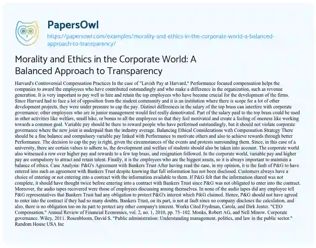 Essay on Morality and Ethics in the Corporate World: a Balanced Approach to Transparency