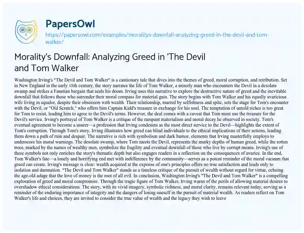 Essay on Morality’s Downfall: Analyzing Greed in ‘The Devil and Tom Walker