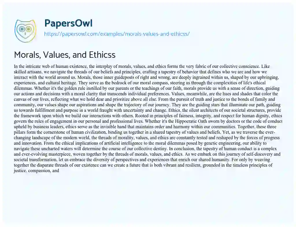 Essay on Morals, Values, and Ethicss