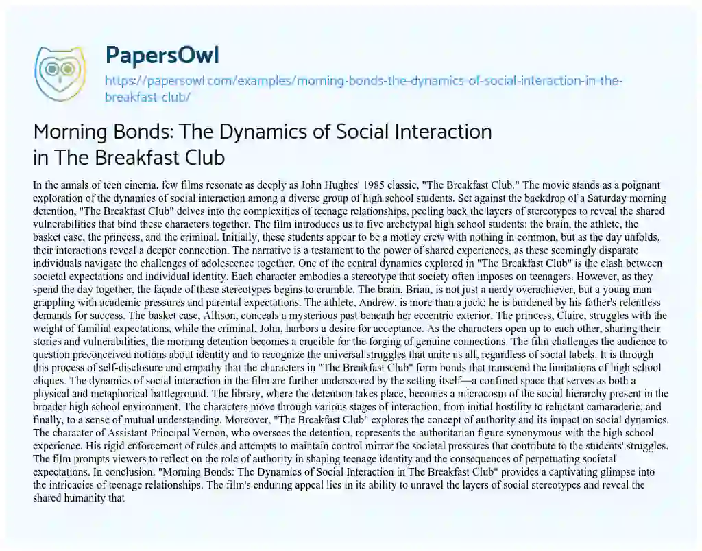 Essay on Morning Bonds: the Dynamics of Social Interaction in the Breakfast Club