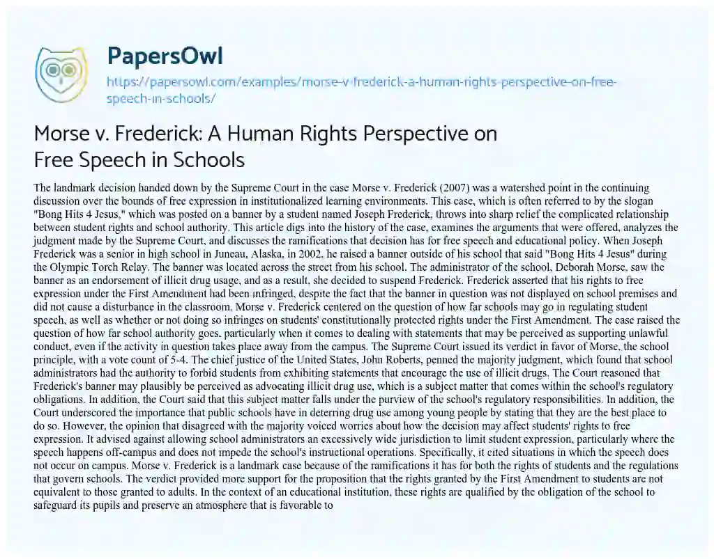 Essay on Morse V. Frederick: a Human Rights Perspective on Free Speech in Schools